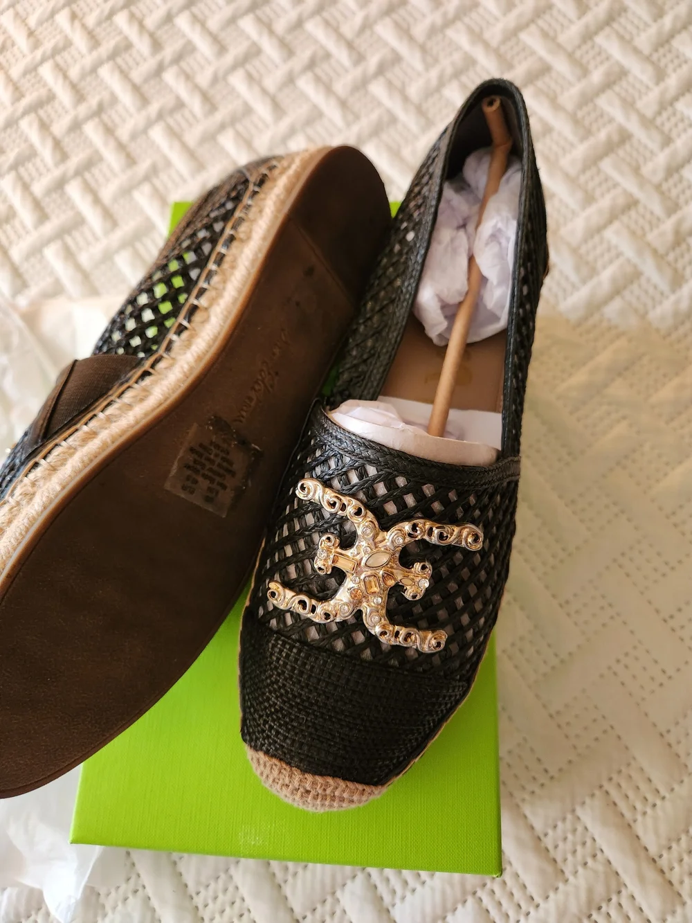 Sam Edelman Black Woven Espadrille Flats with Gold Emblem